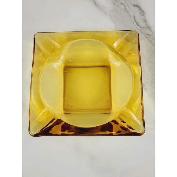 Mid Century Ashtray Square Amber Glass 4 3/4" Yellow Glass Art 70's Home Decor - Picture 2 of 10